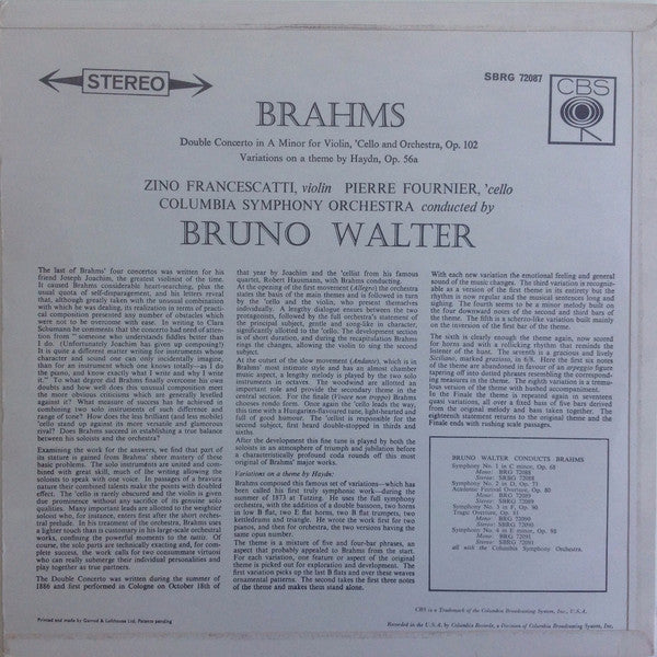 Johannes Brahms - Zino Francescatti, Pierre Fournier, Bruno Walter, Columbia Symphony Orchestra : Double Concerto In A Minor - Variations On A Theme Of Haydn (LP, RE)