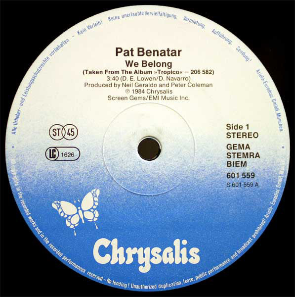 Pat Benatar : We Belong (12", Maxi, M/Print)