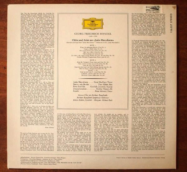 Georg Friedrich Händel - Gundula Janowitz, Hertha Töpper, Ernst Haefliger, Peter Schreier, Theo Adam, Großer Chor Des Berliner Rundfunks Und Rundfunk-Sinfonieorchester Berlin, Helmut Koch : Judas Maccabaeus (Chore Und Arien In Deutscher Sprache) (LP)