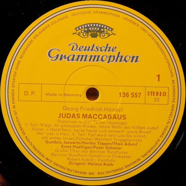 Georg Friedrich Händel - Gundula Janowitz, Hertha Töpper, Ernst Haefliger, Peter Schreier, Theo Adam, Großer Chor Des Berliner Rundfunks Und Rundfunk-Sinfonieorchester Berlin, Helmut Koch : Judas Maccabaeus (Chore Und Arien In Deutscher Sprache) (LP)