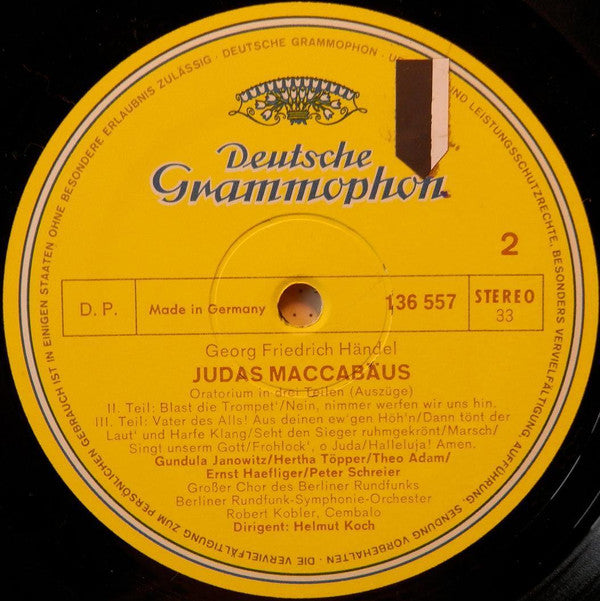 Georg Friedrich Händel - Gundula Janowitz, Hertha Töpper, Ernst Haefliger, Peter Schreier, Theo Adam, Großer Chor Des Berliner Rundfunks Und Rundfunk-Sinfonieorchester Berlin, Helmut Koch : Judas Maccabaeus (Chore Und Arien In Deutscher Sprache) (LP)