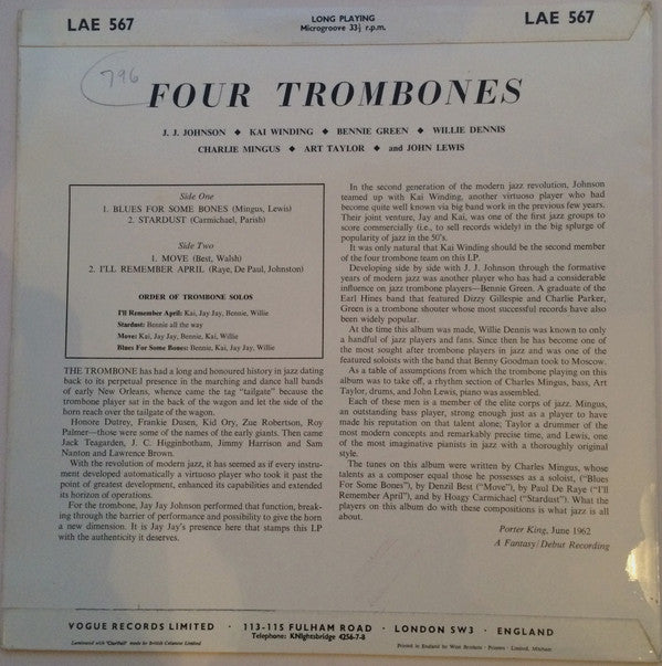 The Four Trombones, J.J. Johnson, Kai Winding, Bennie Green, Willie Dennis, Charles Mingus, John Lewis (2) : Four Trombones (LP, Album, Mono)