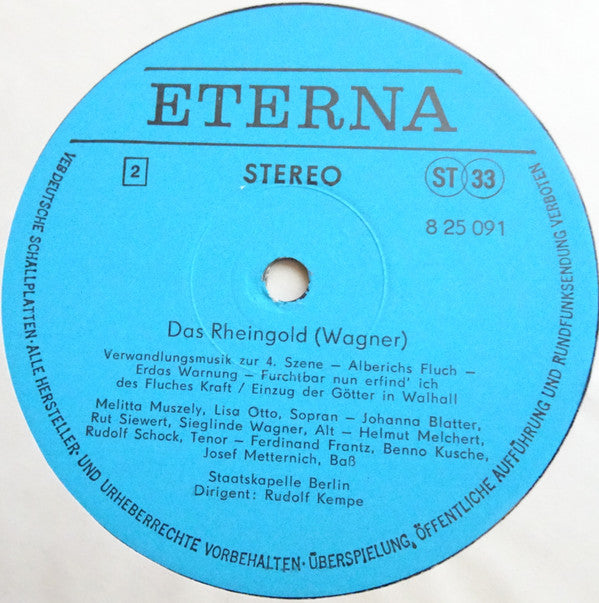 Richard Wagner, Staatskapelle Berlin, Rudolf Kempe, Lisa Otto, Melitta Muszely, Sieglinde Wagner, Johanna Blatter, Ruth Siewert, Helmut Melchert, Rudolf Schock, Ferdinand Frantz, Josef Metternich, Benno Kusche : Das Rheingold (LP)