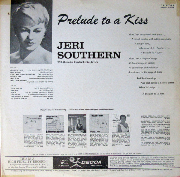 Jeri Southern : A Prelude To A Kiss (LP, Album, Mono)