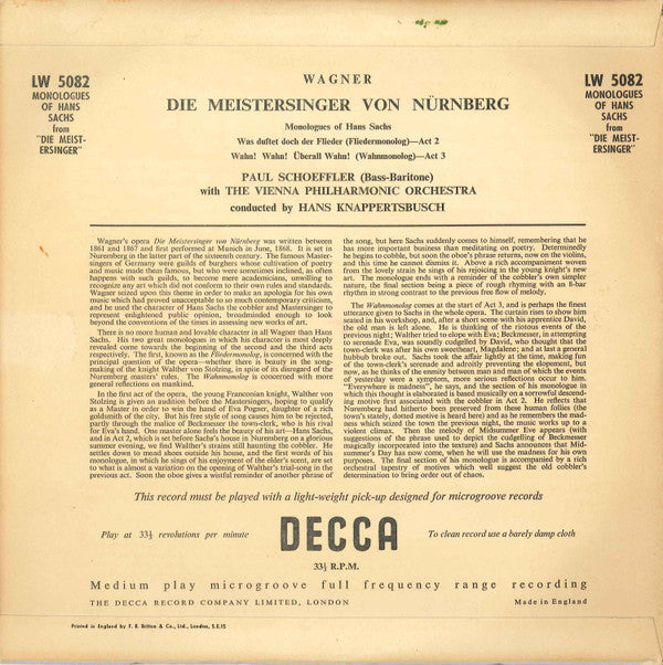 Richard Wagner - Hans Knappertsbusch, Paul Schöffler With Wiener Philharmoniker : Die Meistersinger Von Nürnberg (Monologues Of Hans Sachs) (10", Mono)