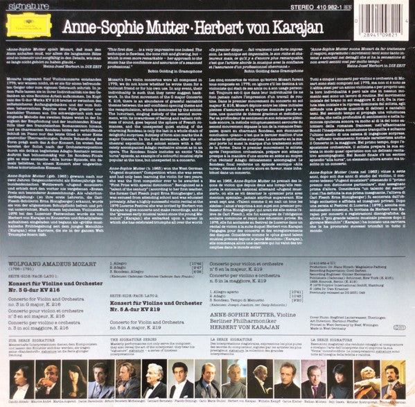 Wolfgang Amadeus Mozart - Berliner Philharmoniker, Herbert Von Karajan, Anne-Sophie Mutter : Violinkonzerte / Violin Concertos Nos. 3 & 5 (LP, Album)