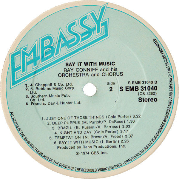 Ray Conniff And His Orchestra & Chorus : Say It With Music (LP, Album, RE)