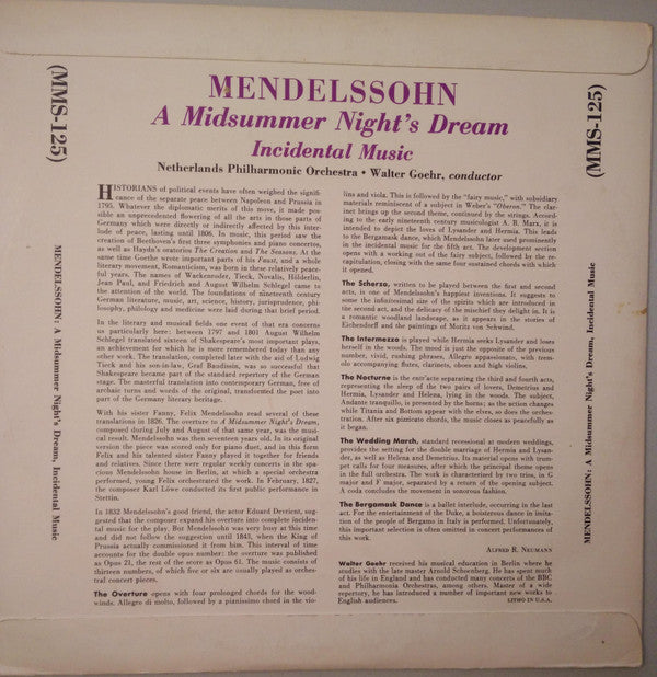 Felix Mendelssohn-Bartholdy - Nederlands Philharmonisch Orkest, Walter Goehr : A Midsummer Night's Dream (Incidental Music) (10")