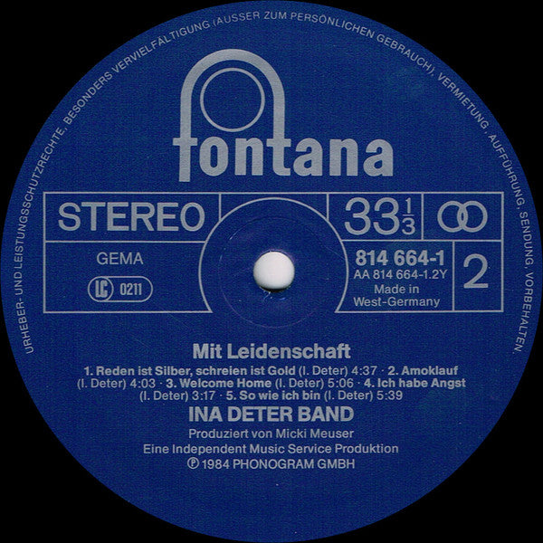 Ina Deter Band : Mit Leidenschaft (LP, Album, Gre)