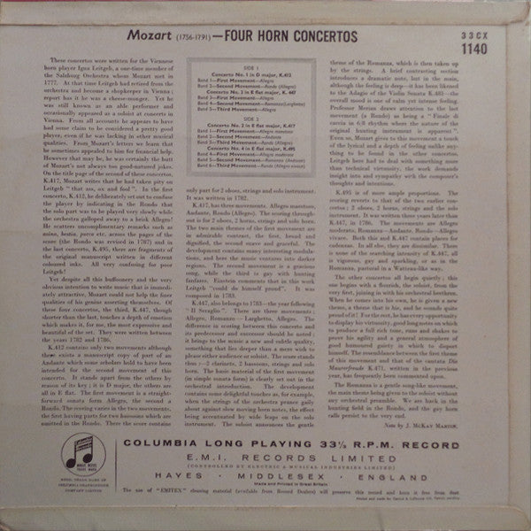 Wolfgang Amadeus Mozart - Dennis Brain And The Philharmonia Orchestra Conducted By Herbert von Karajan : Horn Concertos Nos. 1-4 (LP)