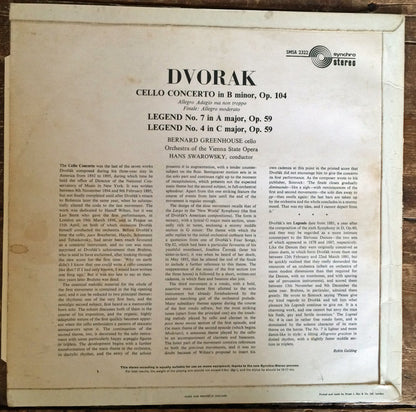 Antonín Dvořák, Bernard Greenhouse, Hans Swarowsky, Orchester Der Wiener Staatsoper : Cello Concerto (LP)