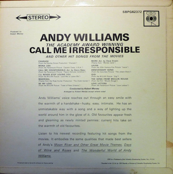 Andy Williams : Call Me Irresponsible And Other Hit Songs From The Movies (LP, Album, RP)