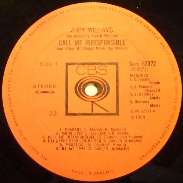 Andy Williams : Call Me Irresponsible And Other Hit Songs From The Movies (LP, Album, RP)