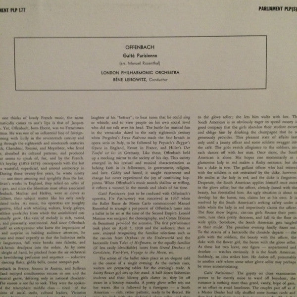 The London Philharmonic Orchestra Conducted by René Leibowitz, Jacques Offenbach : Parisian Follies (Gaite Parisienne) (LP)