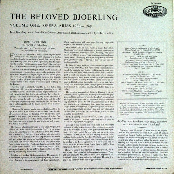 Jussi Björling, Stockholm Concert Association Orchestra, Nils Grevillius : The Beloved Bjoerling - Volume One: Opera Arias 1936-1948 (LP, Comp)