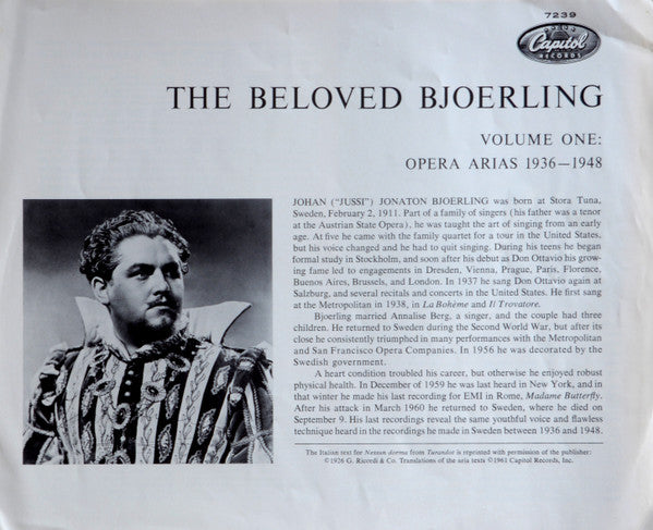 Jussi Björling, Stockholm Concert Association Orchestra, Nils Grevillius : The Beloved Bjoerling - Volume One: Opera Arias 1936-1948 (LP, Comp)