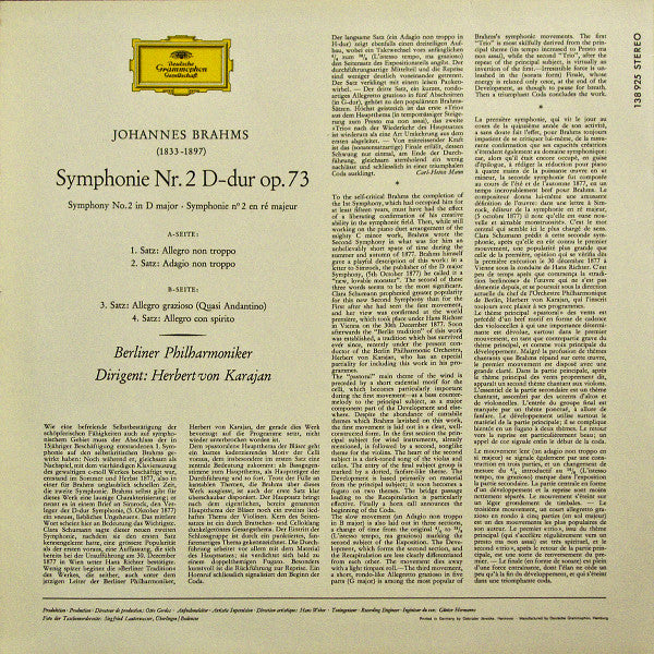 Herbert von Karajan, Johannes Brahms, Berliner Philharmoniker : Symphonie Nr. 2 (LP, RP)