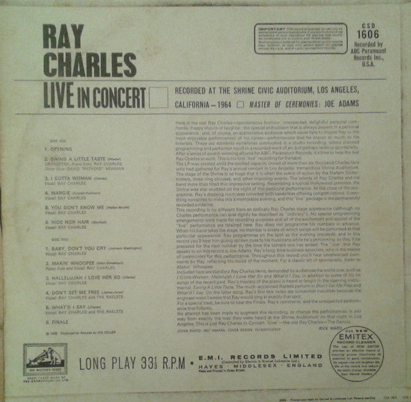 Ray Charles : Ray Charles Live In Concert (LP, Album)