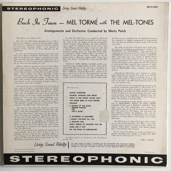 Mel Tormé with The Mel-Tones : Back In Town (LP, Album)