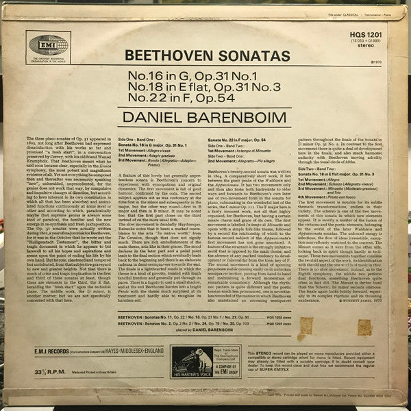 Daniel Barenboim : Beethoven Sonatas: No. 16 In G, Op. 31, No. 1; No. 18 In E Flat, Op. 31, No. 3; No. 22 In F, Op. 54 (LP)