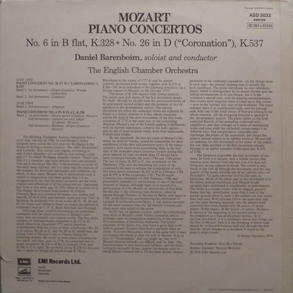 Wolfgang Amadeus Mozart - Daniel Barenboim, English Chamber Orchestra : Piano Concertos No. 6 In B Flat, K. 238 / No. 26 In D, K. 537 ("Coronation") (LP)