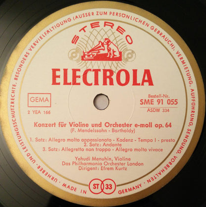 Max Bruch, Felix Mendelssohn-Bartholdy . Yehudi Menuhin - Philharmonia Orchestra, Walter Susskind, Efrem Kurtz : Max Bruch - Violinkonzert G-Moll Op. 26 / Felix Mendelssohn-Bartholdy - Violinkonzert E-Moll Op. 64 (LP)