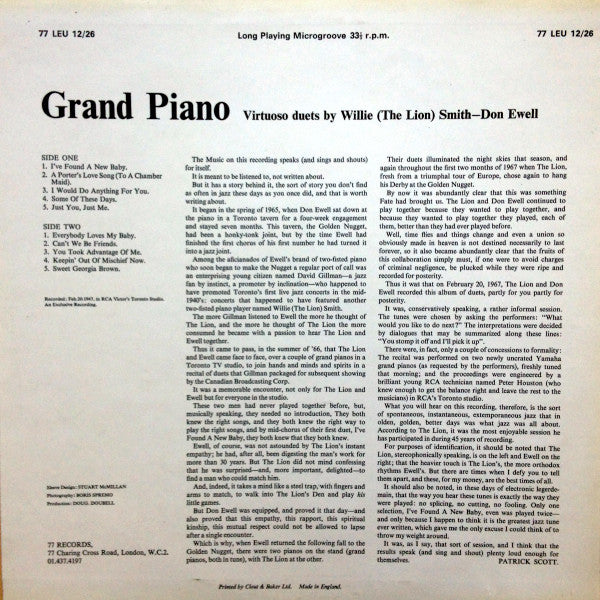 Willie "The Lion" Smith  + Don Ewell : Grand Piano - Virtuoso Duets By Willie (The Lion) Smith + Don Ewell (LP, Album)