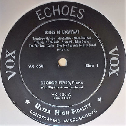 George Feyer : Echoes Of Broadway (10", Mono, Pla)