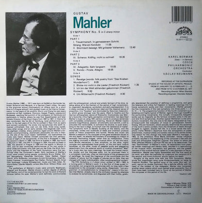 Gustav Mahler, The Czech Philharmonic Orchestra, Václav Neumann, Karel Berman : Fifth Symphony / Songs (2xLP, RP)