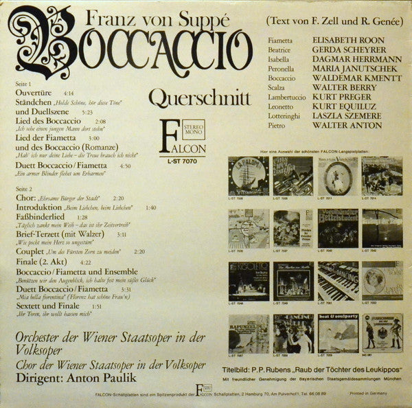 Franz von Suppé, Orchester Der Wiener Staatsoper, Wiener Staatsopernchor, Anton Paulik : Boccaccio - Querschnitt (LP)