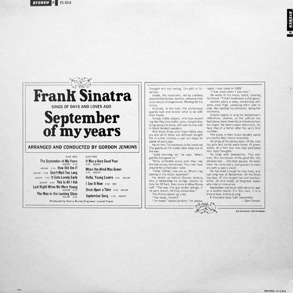 Frank Sinatra : September Of My Years (LP, Album)