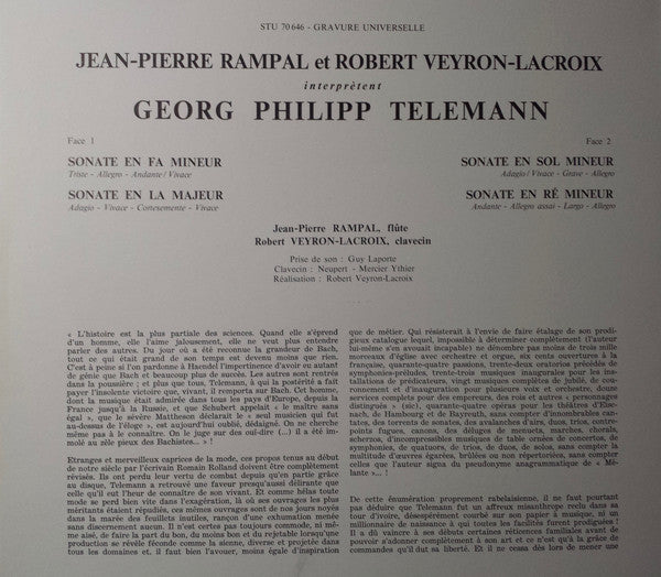 Georg Philipp Telemann, Jean-Pierre Rampal, Robert Veyron-Lacroix : Quatre Sonates Pour Flute & Clavecin (LP)