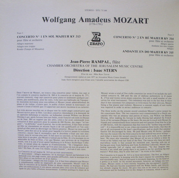 Wolfgang Amadeus Mozart, Jean-Pierre Rampal, Isaac Stern, Jerusalem Music Center Chamber Orchestra : Les Concertos Pour Flute (KV 313 - 314 - Andante KV 315) (LP)