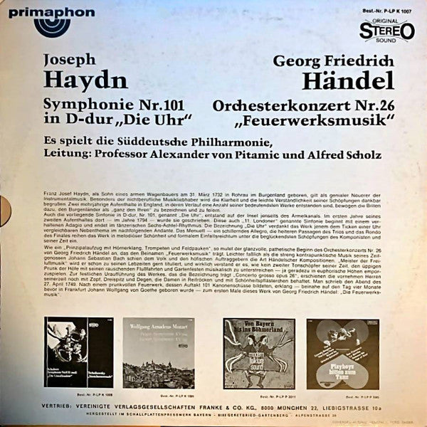 Joseph Haydn / Georg Friedrich Händel : Symphonie In D-dur Nr. 101 "Die Uhr" / Orchesterkonzert Nr.26 "Feuerwerksmusik" (LP)