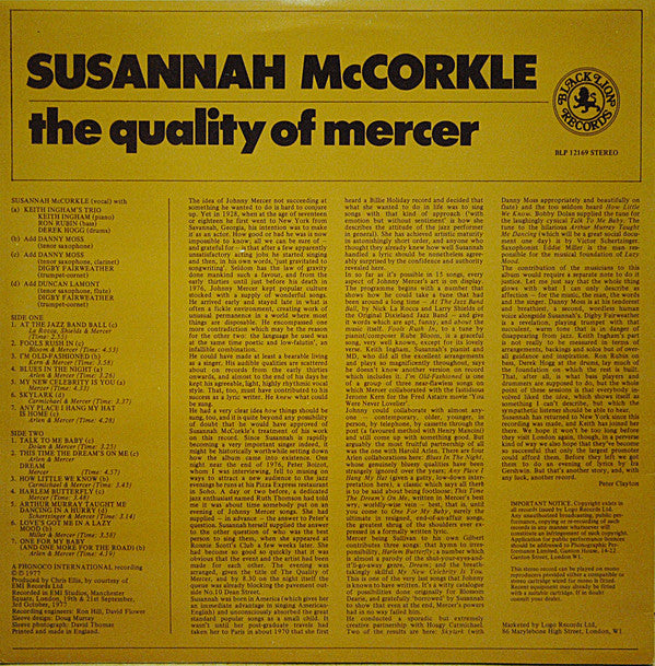 Susannah McCorkle : The Quality Of Mercer (LP, Album)