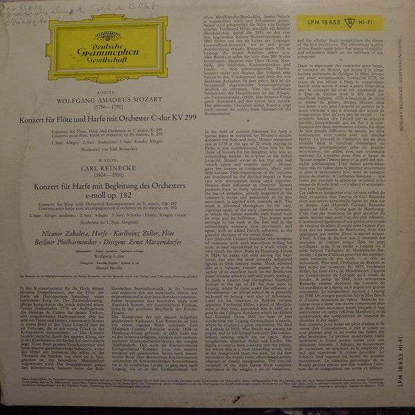 Wolfgang Amadeus Mozart / Carl Reinecke - Karlheinz Zöller • Nicanor Zabaleta • Berliner Philharmoniker • Ernst Märzendorfer : Konzert Für Flöte Und Harfe • Konzert Für Harfe (LP, Mono)