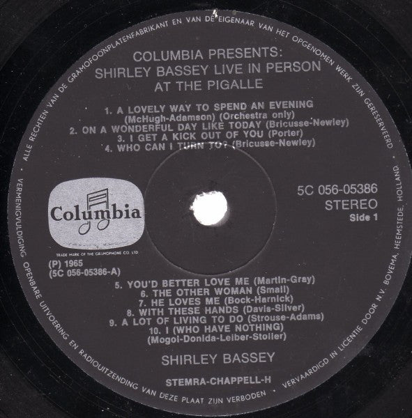 Shirley Bassey : Live In Person At The Pigalle (LP, Album, RE, Gat)