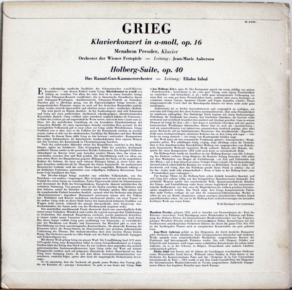 Edvard Grieg — Menahem Pressler, Wiener Festspielorchester / Jean-Marie Auberson, The Ramat-Gan Chamber Orchestra / Eliahu Inbal : Klavierkonzert In A-moll, Op. 16; Holberg-Suite; (LP, Album, Mono)