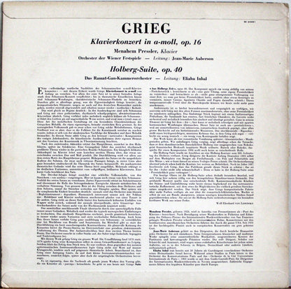 Edvard Grieg — Menahem Pressler, Wiener Festspielorchester / Jean-Marie Auberson, The Ramat-Gan Chamber Orchestra / Eliahu Inbal : Klavierkonzert In A-moll, Op. 16; Holberg-Suite; (LP, Album, Mono)