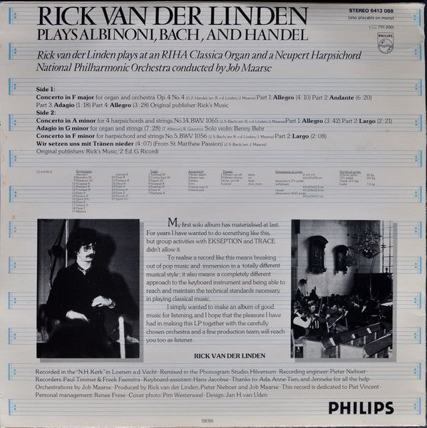 Tomaso Albinoni, Johann Sebastian Bach, Georg Friedrich Händel − Rick Van Der Linden With The National Philharmonic Orchestra Conducted By Job Maarse : Rick Van Der Linden Plays Albinoni, Bach And Handel (LP)