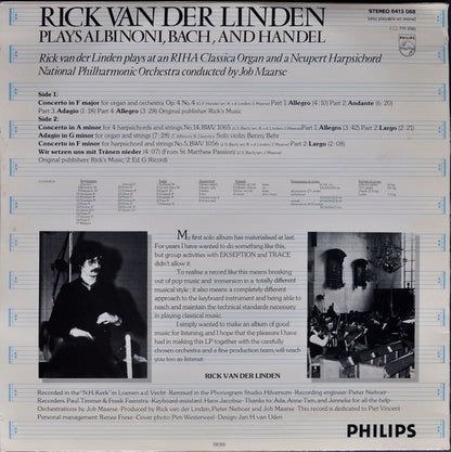 Tomaso Albinoni, Johann Sebastian Bach, Georg Friedrich Händel − Rick Van Der Linden With The National Philharmonic Orchestra Conducted By Job Maarse : Rick Van Der Linden Plays Albinoni, Bach And Handel (LP)