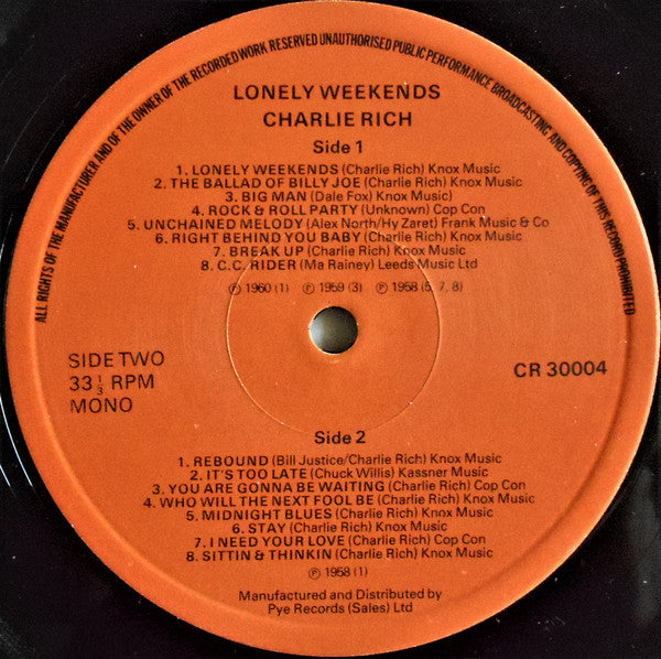 Charlie Rich : Lonely Weekends (LP, Comp, Mono, RE)