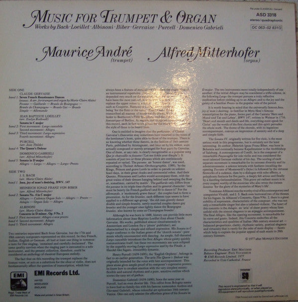 Maurice André, Alfred Mitterhofer : Music For Trumpet & Organ (LP, Quad)