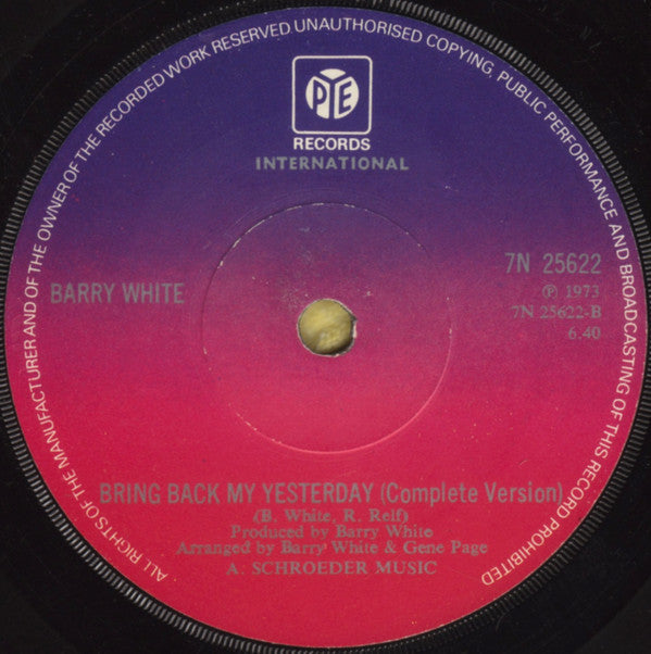 Barry White : Bring Back My Yesterday (7", Single, Sol)