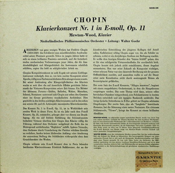 Frédéric Chopin – Mewton-Wood Pianist, Nederlands Philharmonisch Orkest, Walter Goehr : Klavier-Konzert Nr. 1 (10", Mono)