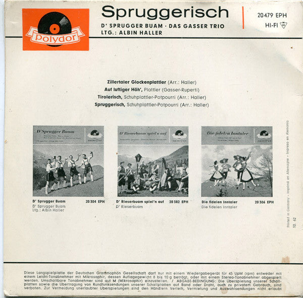 D'Sprugger Buam - Das Gasser Trio , Ltg.: Albin Haller : Spruggerisch (7", EP, Mono)