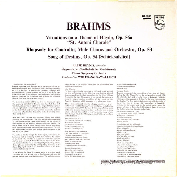 Johannes Brahms, Wiener Symphoniker, Wolfgang Sawallisch : Variations On A Theme Of Haydn / Rhapsody For Contralto, Male Chorus And Orchestra, Op. 53 / Song Of Destiny, Op. 54 (LP)