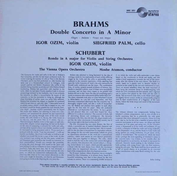 Johannes Brahms / Franz Schubert - Igor Ozim, Siegfried Palm, Orchester Der Wiener Staatsoper, Moshe Atzmon : Concerto In A Minor, Op. 102 / Rondo In A Major, D.483 (LP)