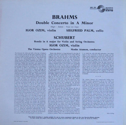 Johannes Brahms / Franz Schubert - Igor Ozim, Siegfried Palm, Orchester Der Wiener Staatsoper, Moshe Atzmon : Concerto In A Minor, Op. 102 / Rondo In A Major, D.483 (LP)