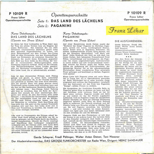 Franz Lehár, Wiener Akademie Kammerchor, Das Große Wiener Rundfunkorchester , Dirigent: Heinz Sandauer : Das Land Des Lächelns / Paganini (Operettenquerschnitte) (10")